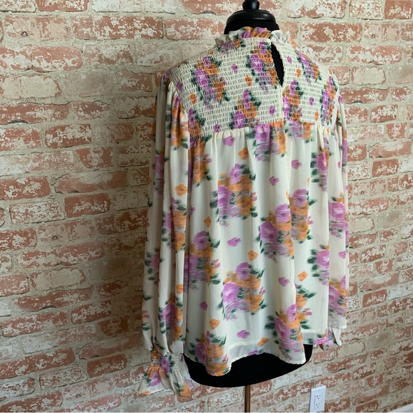 ENTRO Floral Blouse Large Cream Lavender Orange Smocked Semi-Sheer Boho - Picture 5 of 12